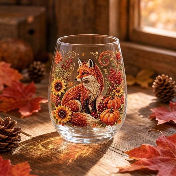 Kumdkdwn Fall Embroidery Stemless Wine Glass, 5 Designs Pumpkin Sunflower Birdhouse, Thanksgiving Harvest Drinking Cup, Lead-Free Glass for Autumn Parties & Home Decor