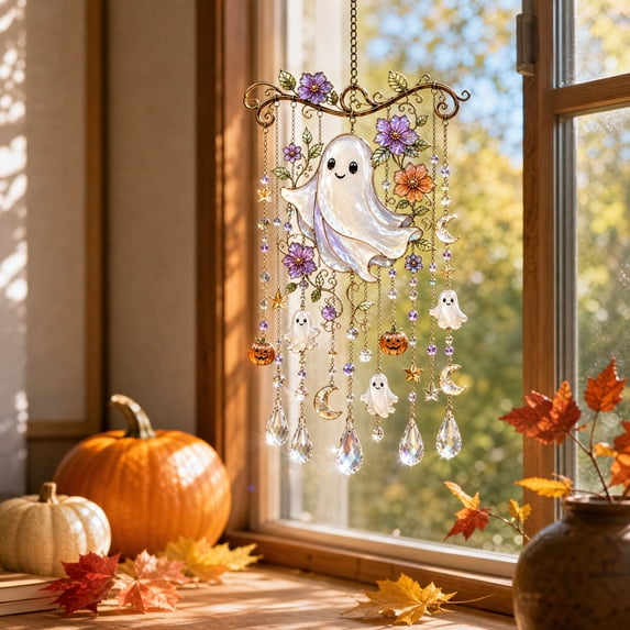 Kumdkdwn Halloween Acrylic Suncatcher Wind Chime, 7.87"x10.62" Light Catcher with Bells, Colorful Rainbow Maker Hanging Ornament for Window, Porch, Garden Decor