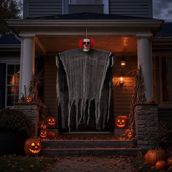 Kumdkdwn Halloween Hanging Scary Clown Decoration, 35.43" x 23.62" Light Up Red Eyes Skeleton Clown Ornament, Halloween Party & Haunted House Decorations