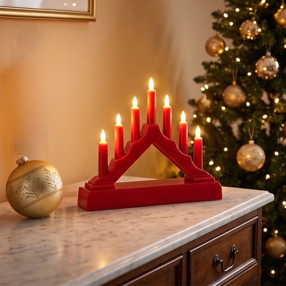 Kumdkdwn LED Flameless Christmas Candle Bridge Light Red, Plastic, 6.30" × 1.57" × 5.35", 1-Piece, for Christmas Windowsills, for tree, mantel and holiday tabletop displays