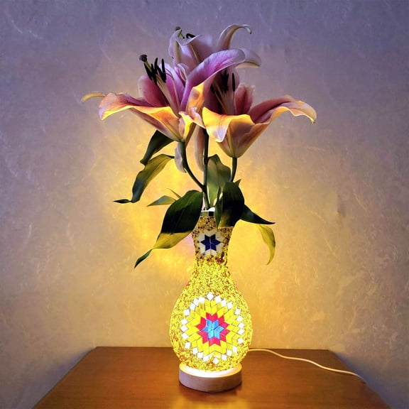 Kumdkdwn Turkish Mosaic Glass LED Night Light Vase, 13.77in 2-in-1 Decorative Flower Arrangement Vase with 3-Level Dimmable Light, USB Plug-in Ambient Lamp for Living Room, Bedroom, Home Decor