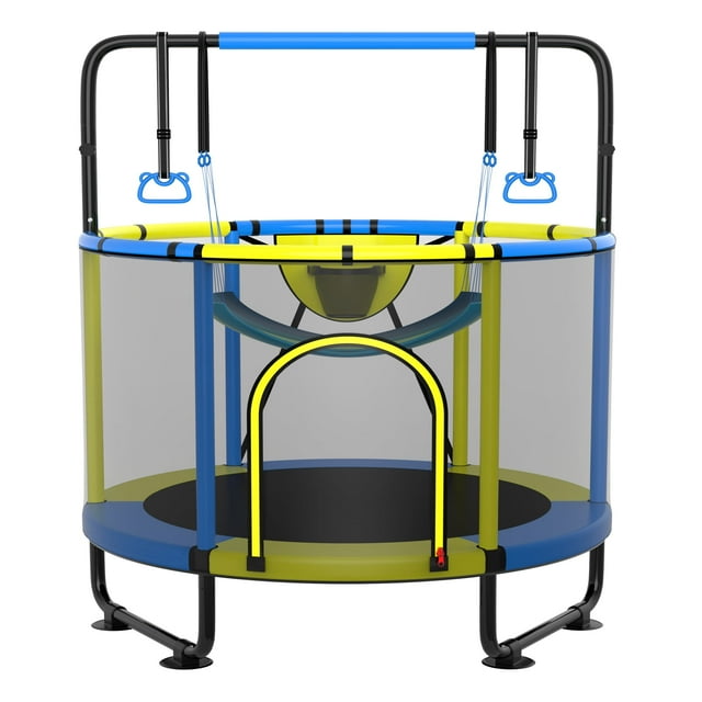 Kumix 60'' Trampoline for Kids, 440LBS Indoor/Outdoor Trampoline with Enclosure, Basketball Hoop, Mini Toddler Trampoline with Swings, Adjustable Bars and Rings, Gifts for Kids, Toddler, Boys & Girls