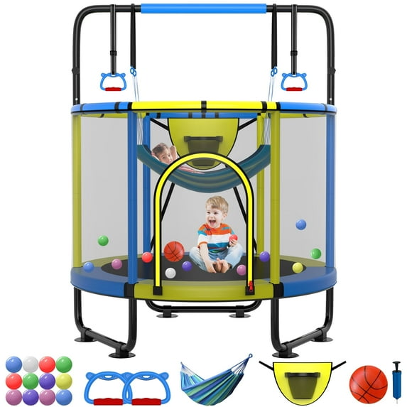 Kumix 66'' Trampoline for Kids, 500LBS Indoor/Outdoor Trampoline with Enclosure, Basketball Hoop, Mini Toddler Trampoline with Swings, Adjustable Bars and Rings, Gifts for Kids, Toddler, Boys & Girls