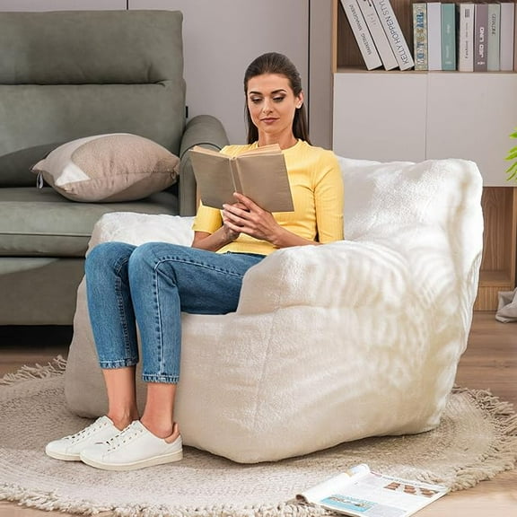Kumix Bean Bag Chair with Filler, Bean Bag Sofa with Tufted Soft Stuffed Filling, Fluffy and Lazy Sofa, Comfy Cozy BeanBag Chairs with Memory Foam for Dorm, Apartment, Living Room, Ivory