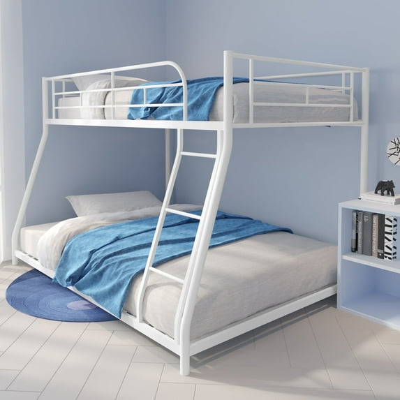 Kumix Bunk Bed, Metal Twin over Full Bunk Bed with Ladder, Full Length Guard Rails, Heavy Duty Sturdy Low Bunk Bed for, Teen & Adults, Teens, No Box Spring Needed, White