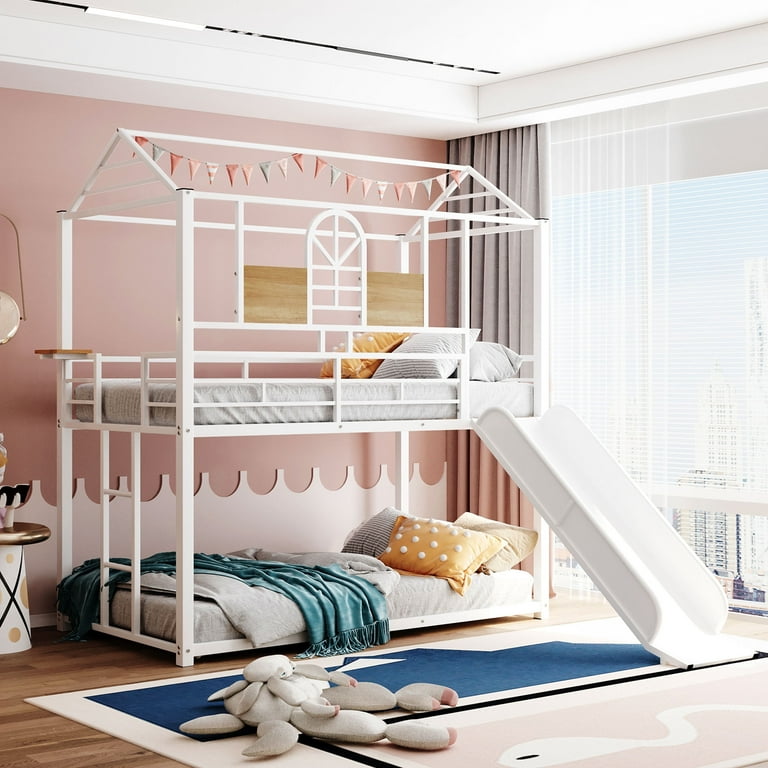 Jump Into Fun Twin Over Twin Bunk Bed with Slide, Guardrails