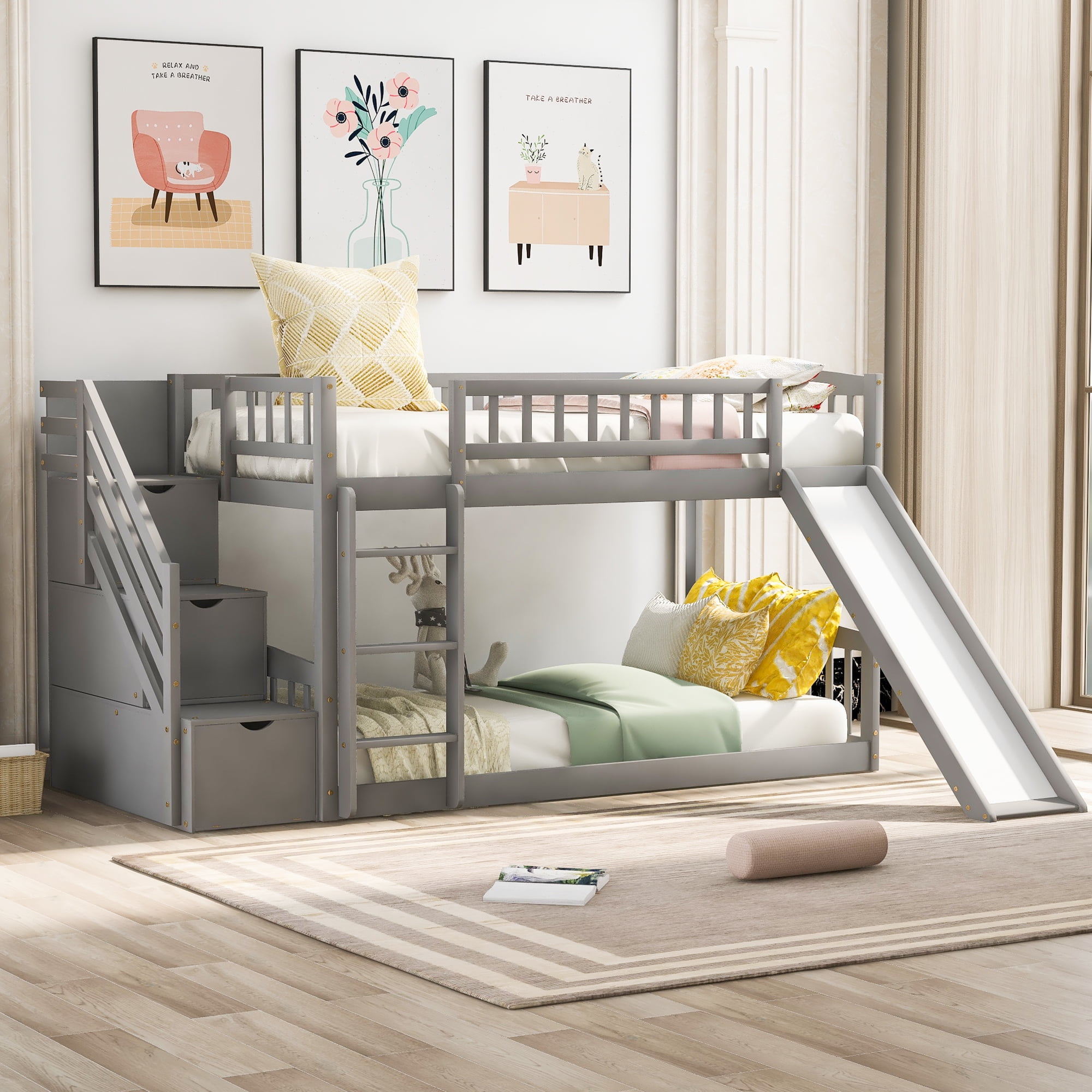 Kumix Bunk Bed with Slide, Twin over Twin Bunk Bed with Storage