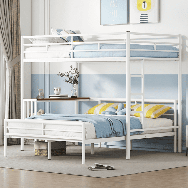 Kumix Bunk Bed Twin over Full, Metal Bunk Bed with Desk, Ladder, Full