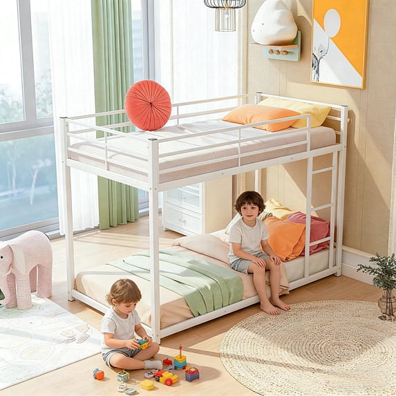 Kumix Bunk Bed Twin over Twin, Low Bunk Bed with Guardrails and Built-in Ladder, Metal Bunk Bed for Teens Adults, Twin Bunk Beds Frame for Bedroom, Noise Free, Easy Assembly, White