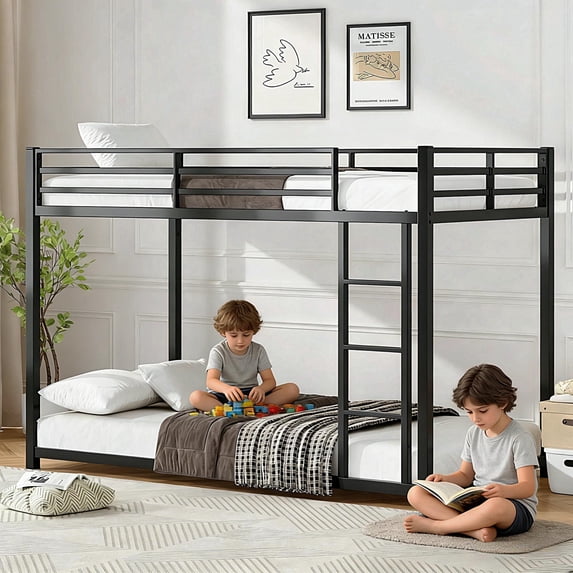 Kumix Bunk Bed Twin over Twin, Low Bunk Bed with Guardrails and Built-in Ladder, Metal Bunk Bed for Teens Adults, Twin Bunk Beds Frame for Bedroom, Noise Free, Easy Assembly, Black