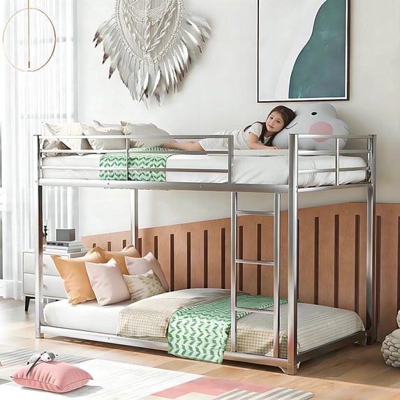 Kumix Bunk Bed Twin over Twin, Low Bunk Bed with Guardrails and Built-in Ladder, Metal Bunk Bed for Teens Adults, Twin Bunk Beds Frame for Bedroom, Noise Free, Easy Assembly, Silver