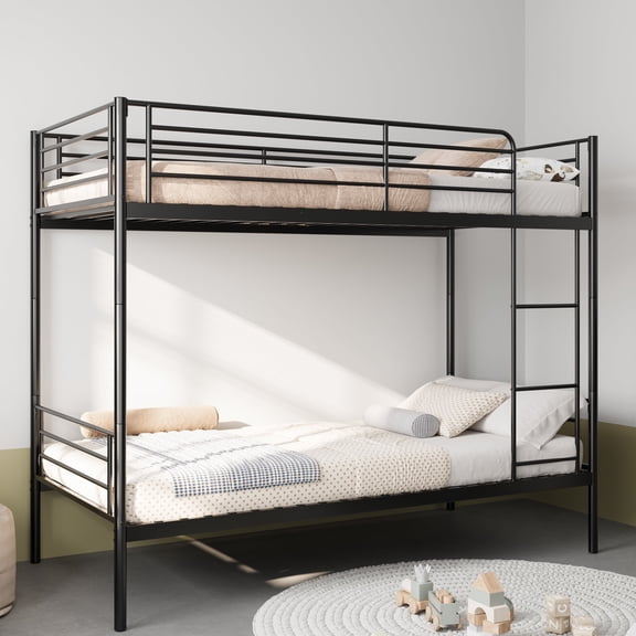 DreamBuck Twin over Twin Metal Bunk Bed for Teens & Adults, Can Converts to 2 Beds, Features Safety Guard Rail & Ladder, Supports 800lbs, Twin Bunk Bed Frame for Guest Rooms, Noise-Free, Black