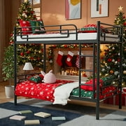 Kumix Twin over Twin Metal Bunk Bed for Teens & Adults, Can Converts to 2 Beds, Features Safety Guard Rail & Ladder, Supports 600lbs, Twin Bunk Bed Frame for Guest Rooms, Noise-Free, Black