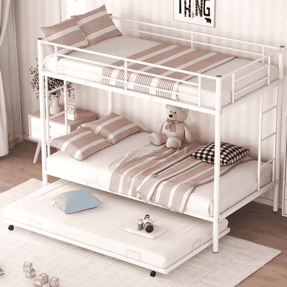 Kumix Bunk Bed Twin Over Twin, Metal Twin Bunk Bed with Trundle, Sturdy Steel Bunk Beds Frame for 3/Teens with Two Side Ladders and Safety Guard Rail, Noise Free, White