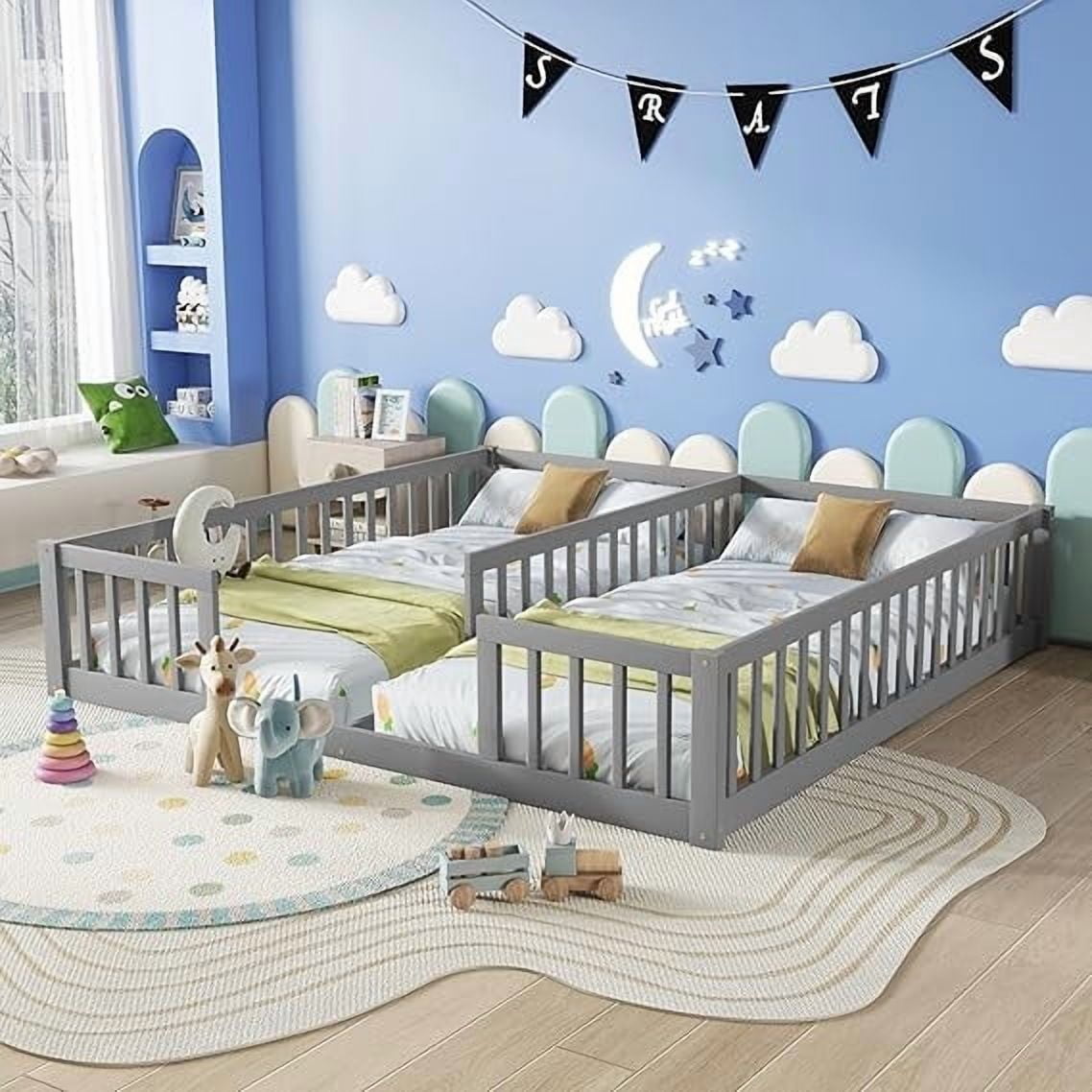 Kumix Double Floor Bed with Fence Guardrails, Wood Double Twin Floor Beds for Boys and Girls, Twins, Floor Bed for 1-3, Two Shared Beds, Adults Floor Bed, Easy Assembly, Gray