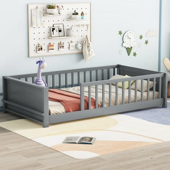 Kumix Floor Bed with Built-in Book Storage Rack, Fence Guardrail, Twin Size Wood Floor Bed for 1-3, Montessori Floor Bed for Boys & Girls, Twin Floor Beds, Easy Assembly, Gray