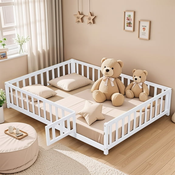 Kumix Floor Bed with Fence and Door for 1-3 Aged, Montessori Full Size Floor Bed Frame with Support Slats fors, Wooden Floor Bed for Bedroom, Noise-Free, Easy Assembly, White