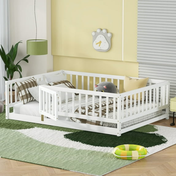 Kumix Floor Bed with Fence and Door, Wooden Full Size Montessori Floor Bed Frame for , Girls, Boys, Montessori Bed Full Size for Bedroom, Dorm, Noise-Free, Easy Assembly, White
