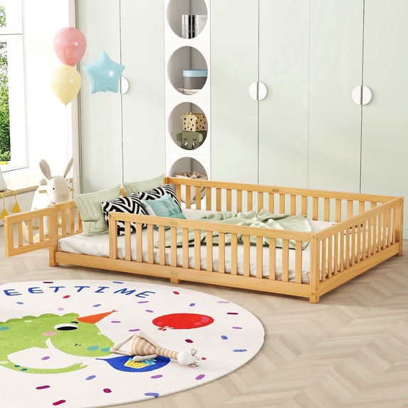 DreamBuck Floor Bed Queen Size, Bed for Aged 1-3 with Fence and Door, Solid Wood Bed Frame for Bedroom, Apartment, No Box Spring Needed, Noise Free, Natural