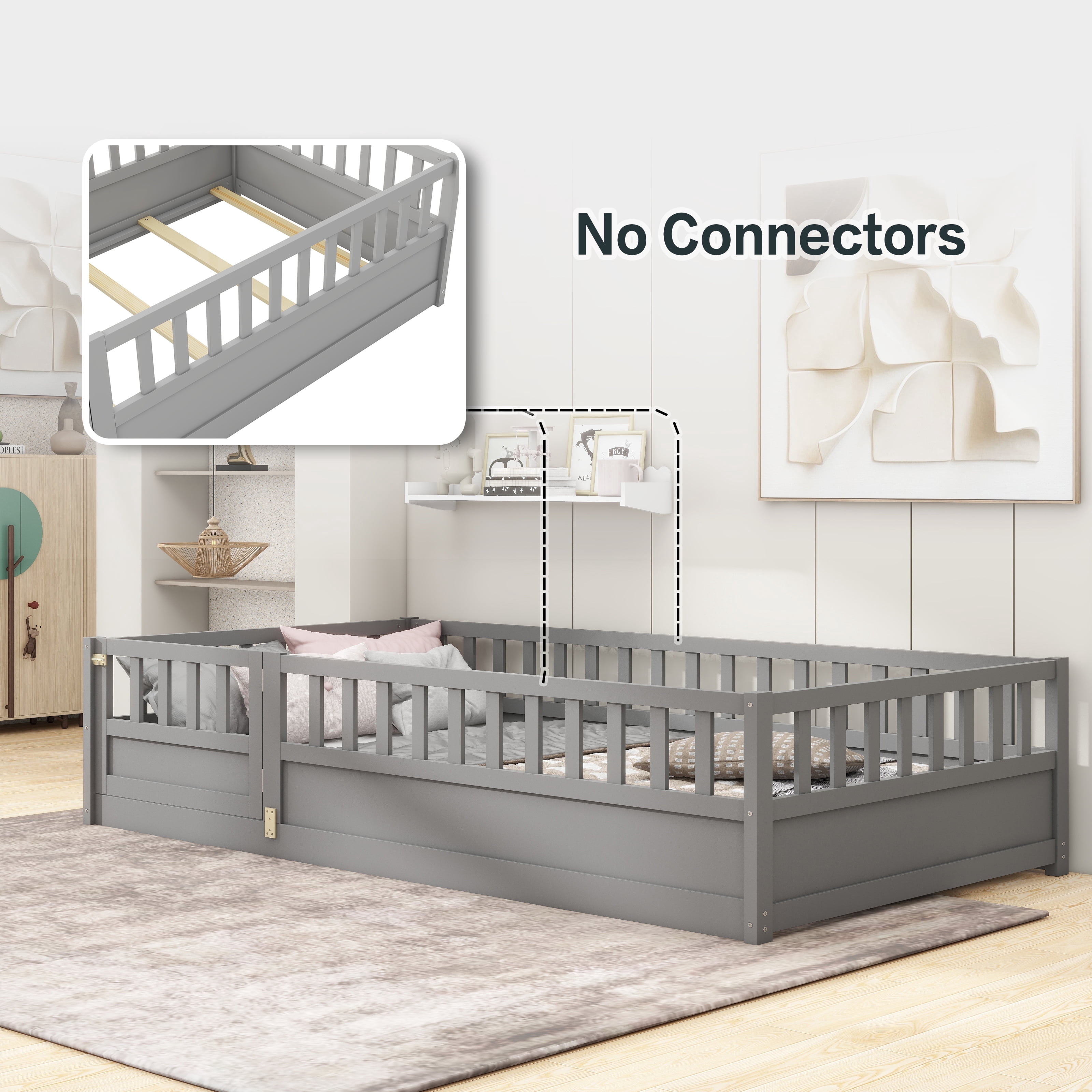 Kumix Floor Bed Twin Size with Door and Fence, Bed for Aged 1-3, Wooden Floor Bed with Safety Guardrails for Bedroom, Twin Floor Bed Frame for Girls & Boys, No Box Spring Needed, Gray