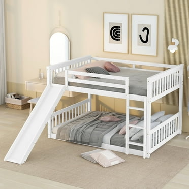 Kumix Full over Full Bunk Bed with Slide, Wooden Bunk Bed with Built-in Ladder and Guardrails for Boys and Girls, Low Bunk Bed for Kids, Adults, Noise Free Full Bunk Beds Frame for Bedroom, White