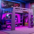 thumbnail image 1 of Kumix Full Size Gaming Loft Bed with Desk, Multi-storage Shelves, LED and a Hanging Clothes Rack, Wood Loft Bed with Full-Length Guardrail and Ladder for Teens Adults, Noise-Free, Gray, 1 of 7