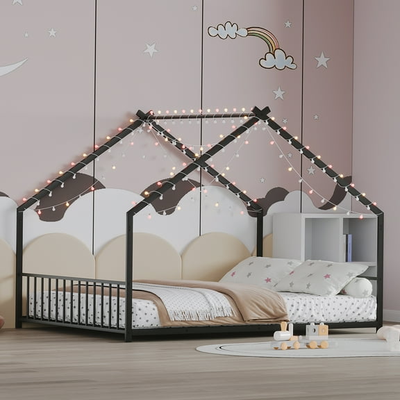 Kumix Full Size House Bed with Roof and LED Light Strips, Roof-shaped iron frame bed for Boys Girls and Young Teens, Full Bed Frame for Bed Room, No Noise,Black