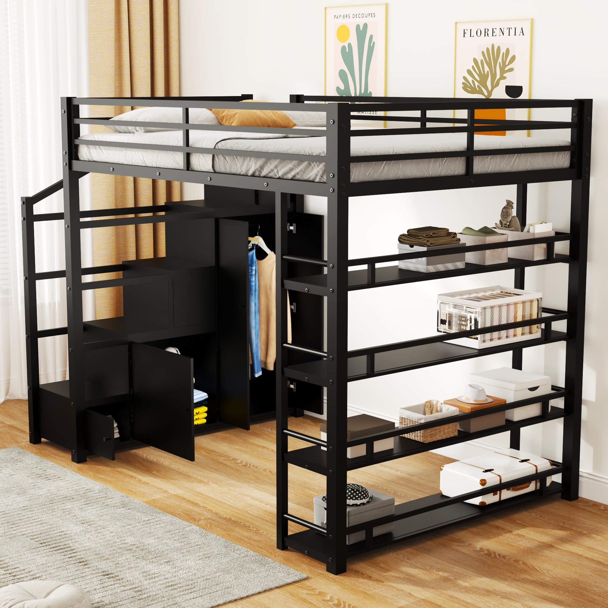 Kumix Full Size Loft Bed with Storage Shelves, Cabinets and Wardrobe ...