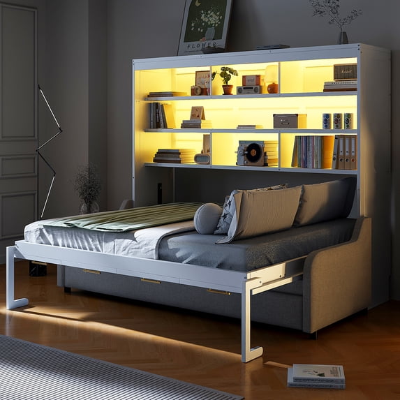 Kumix Full Size Murphy Cabinet Bed with Folding Sofa,Built-in Storage Shelves and LED Light, Murphy Bed for Teens Adults, Space-Saving, Beige