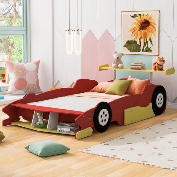 Kumix Full Size Race Car-Shaped Platform Bed with Shelves and Wheels, Wooden Platform Bed for Boys and Girls, Car-Shaped Floor Bed Frame for Bedroom, Full Size Floor Bed, Red