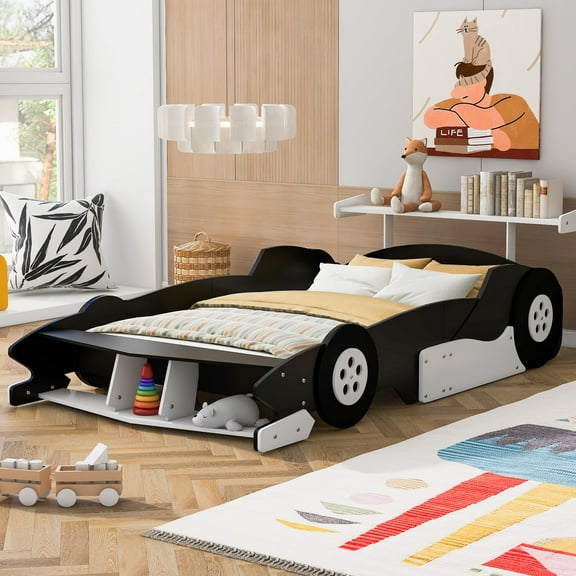 Kumix Full Size Race Car-Shaped Platform Bed with Shelves and Wheels, Wooden Platform Bed for Boys and Girls, Car-Shaped Floor Bed Frame for Bedroom, Full Size Floor Bed, Black