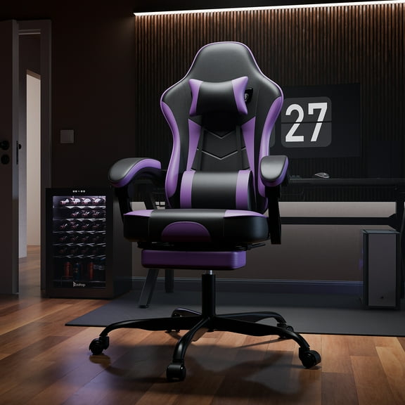 Kumix Gaming Chair, Ergonomic Computer Chair with Footrest and Massage Lumbar Support, Height Adjustable Swivel Video Game Chair for Adults, 300lb Max, Black Purple