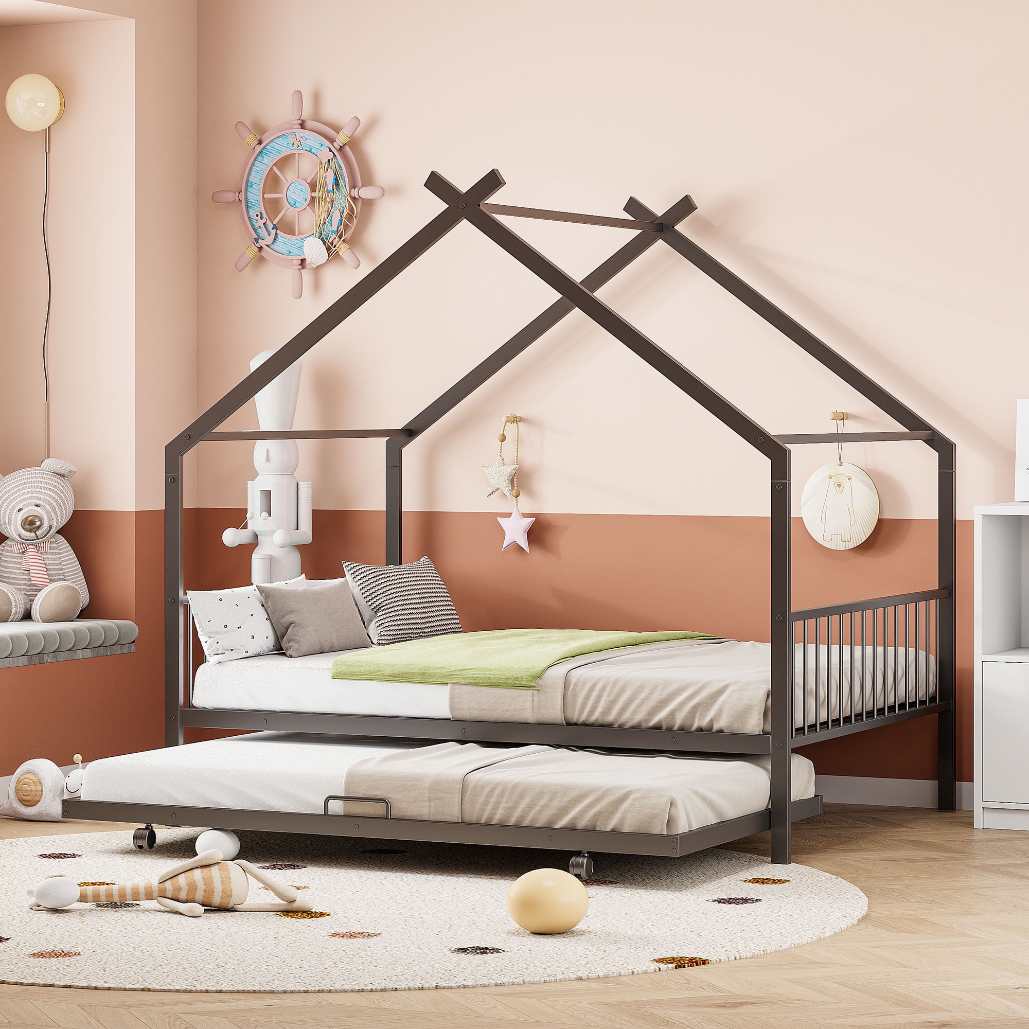 Kumix Full Size House Bed with Trundle, Metal House Bed with a Roof ...