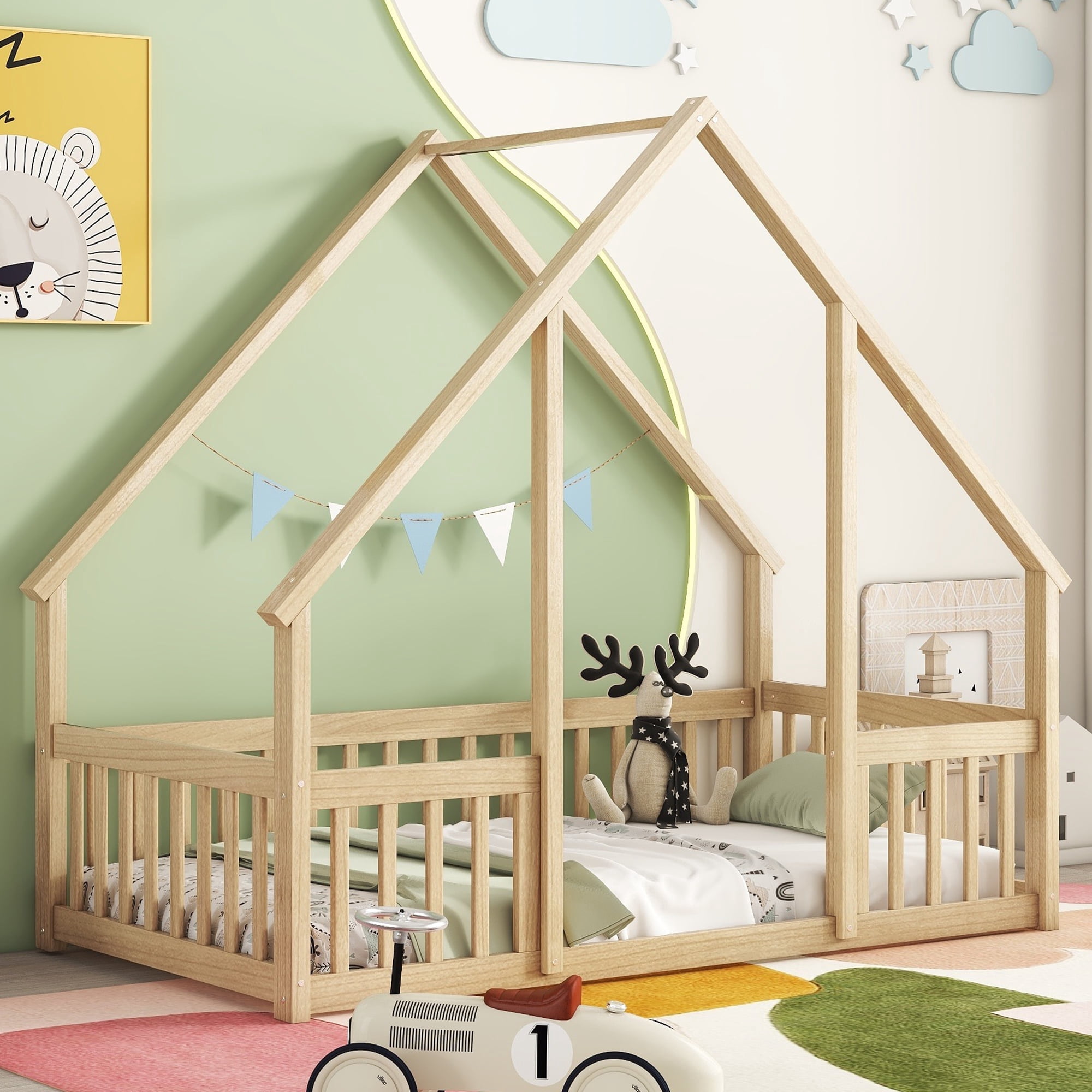 Kumix House-Shaped Floor Bed with Fence Guardrails and Roof, Twin Size Floor Bed Frame for Boys & Girls, Wooden Playhouse Bed Frame, Twin Floor Bed Montessori House Bed Frame, Natural