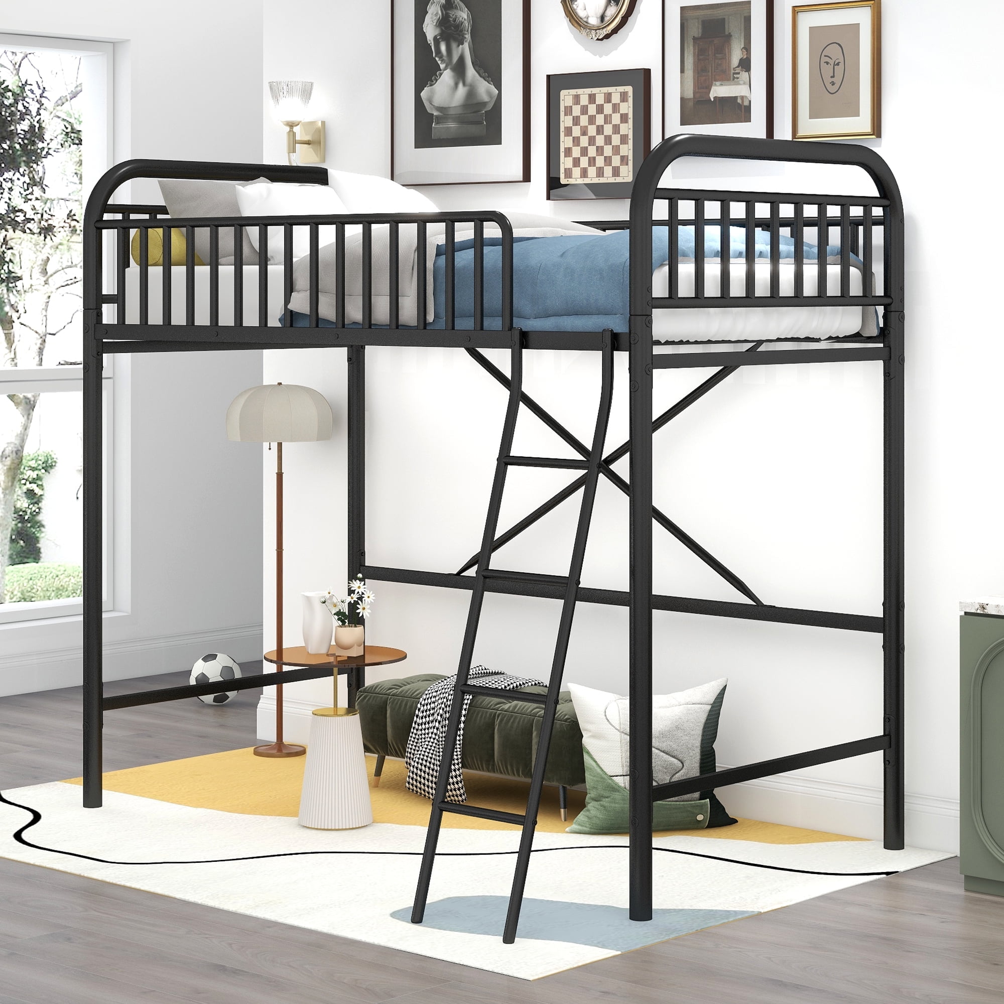 Kumix Loft Bed, Metal Loft Bed Twin Size with Ladder, Safety Guard Rail