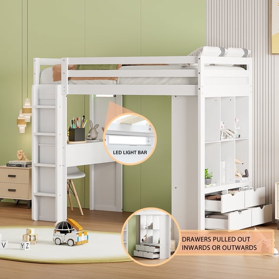 Kumix Loft Bed Twin Size with Desk, Wood Loft Bed with Shelves, Drawers and LED Light for Teens Adults, Heavy Duty Loft Bed Frame with Safety Guardrail and Ladder, Noise-Free, White