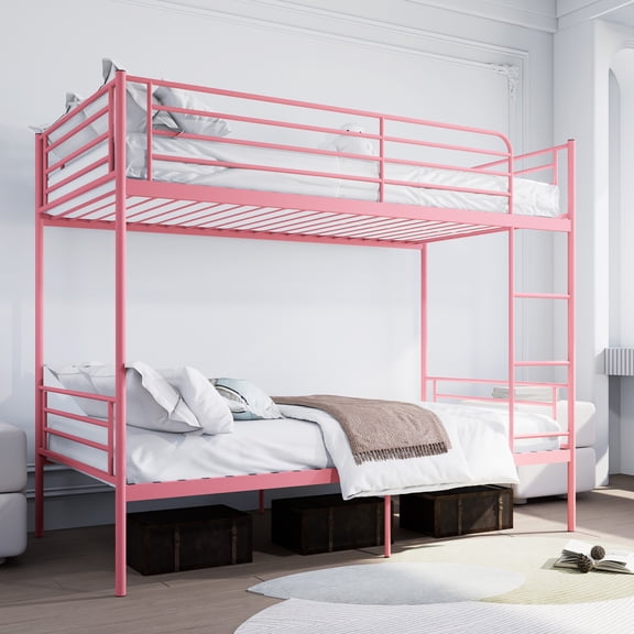 Kumix Twin over Twin Metal Bunk Bed for Teens & Adults, Can Converts to 2 Beds, Features Safety Guard Rail & Ladder, Supports 800lbs, Twin Bunk Bed Frame for Guest Rooms, Noise-Free, Pink