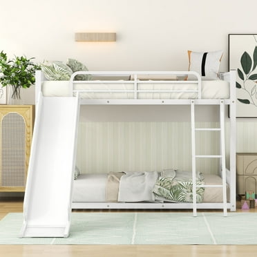 Kumix Metal Bunk Bed with Slide, Twin over Twin Bunk Bed with Full-Length Guardrail and Inclined Ladder for, Teens, Adults, Low Bunk Bed Frame for Bedroom, No Box Spring Needed, White