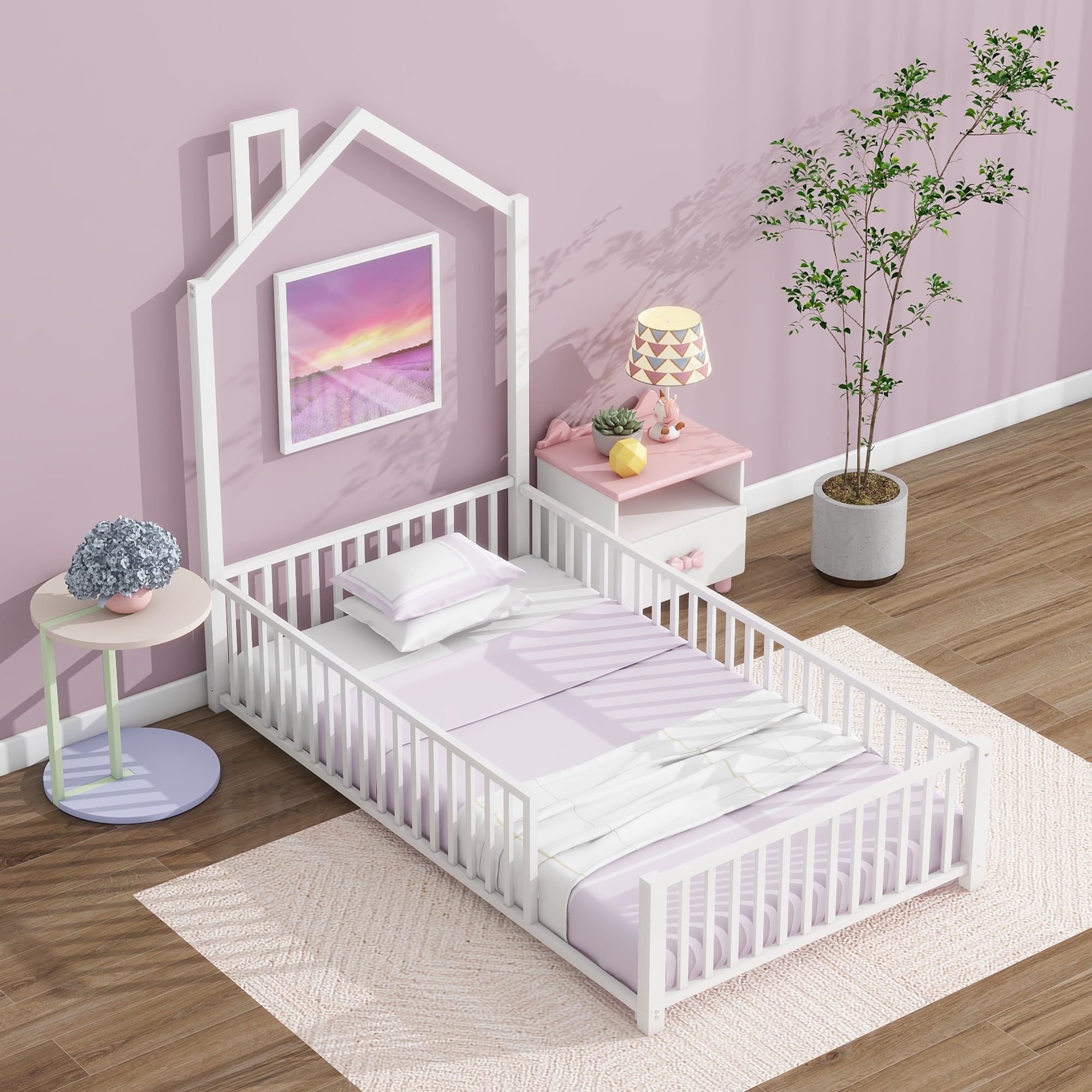 DreamBuck Metal House Floor Bed with Fence Guardrail and Chimney, Twin Floor Bed fors, No Weight Capacity Limit, Heavy Duty Floor Bed Frame for Bedroom, Easy Assembly, White