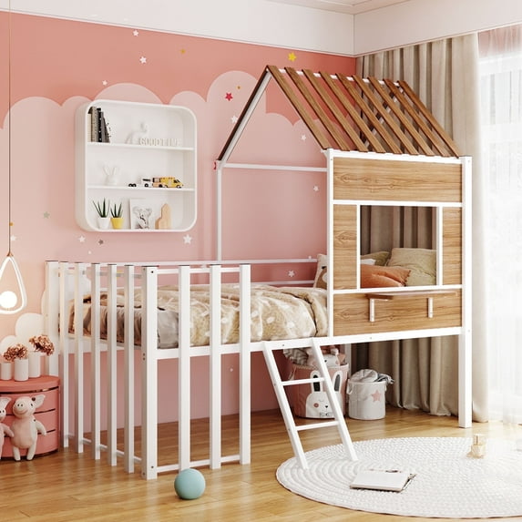 Kumix Metal Loft Bed, Twin Loft Bed Frame with Storage Shelf, Guardrail, Ladder, Roof and Window, House Bed fors Girls/Boys, Space-Saving, Metal Bed No Noise, (White)