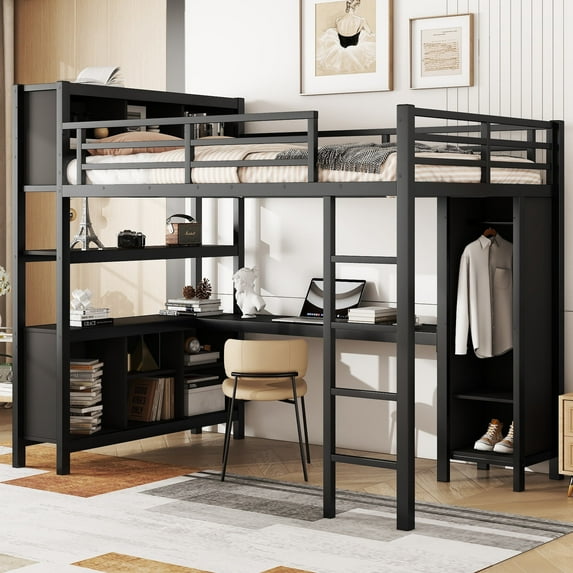 Kumix Metal Loft Bed with Wardrobe And L-shaped Desk, Full Size Loft Bed with Storage Cubes and Shelves, Heavy Duty Loft Bed Frame for Teens Adults, Noise-Free, Easy Assembly, Black