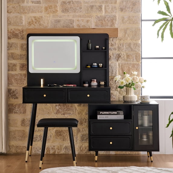 DreamBuck Modern Makeup Vanity Desk with Mirror and Lights, Retractable Dressing Table with Drawers and Cabinet, Compact Makeup Table Set with Power Outlet for Bedroom, Black