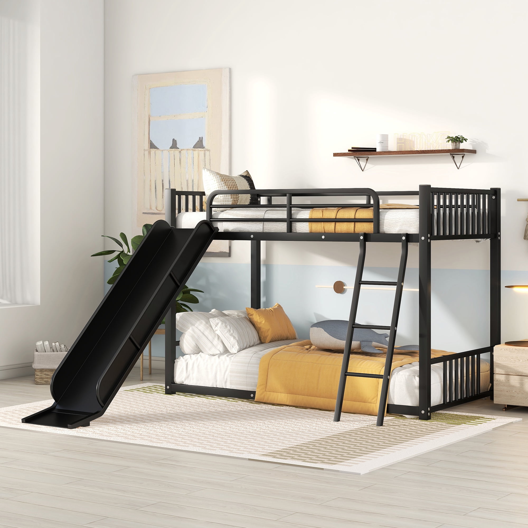 Euroco Twin over Queen Bunk Bed with Climbing Nets and Ramp for Kids Bedroom White