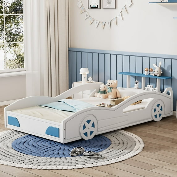 Kumix Platform Bed Twin Size, Car-Shaped Platform Bed with Wheels and Guardrail for Kids Teens Boys and Girls, Wooden Race Car Bed for Bedroom, No Box Spring Needed, Noise-Free, White & Blue