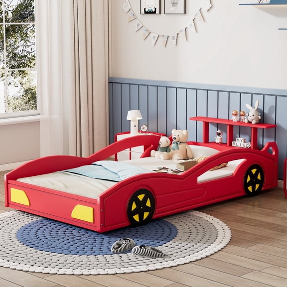 DreamBuck Platform Bed Twin Size, Car-Shaped Platform Bed with Wheels and Guardrail for Boys and Girls Teens, Wooden Race Car Bed for Bedroom, No Box Spring Needed, Noise-Free, Red & Yellow