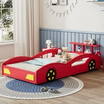 Kumix Platform Bed Twin Size, Car-Shaped Platform Bed with Wheels and Guardrail for Boys and Girls Teens, Wooden Race Car Bed for Bedroom, No Box Spring Needed, Noise-Free, Red & Yellow