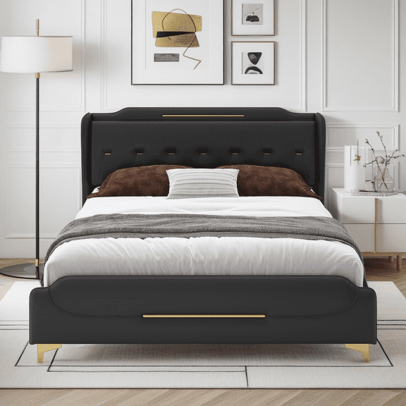 DreamBuck Queen Size Leather Bed frame with Wingback Headboard & Footboard, PU Upholstered Platform bed, Solid Wooden Slats Support, Easy Assembly, Black