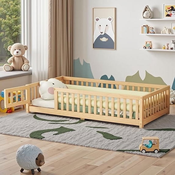 Kumix Floor Bed with Fence Guardrail and Door, Wooden Twin Size Floor Bed with Slats Support for Boys & Girls, Montessori Floor Bed Frame for Bedroom, Floor Bed for Aged 1-3, Natural