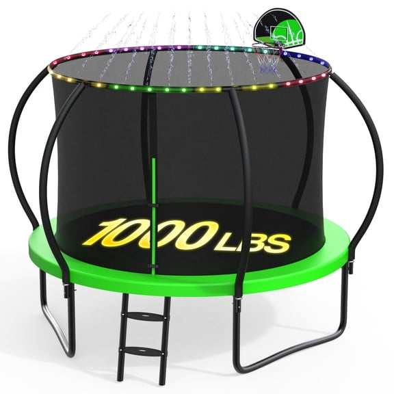 XMIKA 10FT Trampoline with Enclosure, Basketball Hoop, LED Light, Sprinkler, Outdoor Trampolines, 1000lbs Heavy Duty Galvanized Full Spray Round Trampoline for Adults and Kids, Fast Assembly, Green