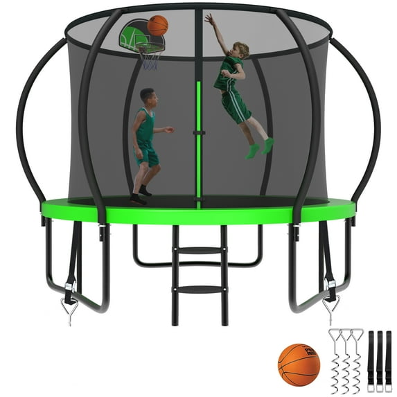 Kumix 10FT Trampoline with Enclosure, Basketball Hoop, Ladder, Wind Stakes, Outdoor Heavy Duty Galvanized Full Spray Round Trampoline for Adults and Kids, Green